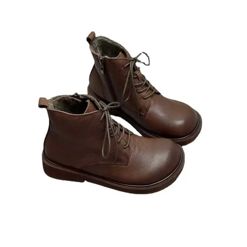 Wide Toe Shoes Handmade Genuine Leather Women\'s Boots Soft Bottom Side Zipper Casual Boots