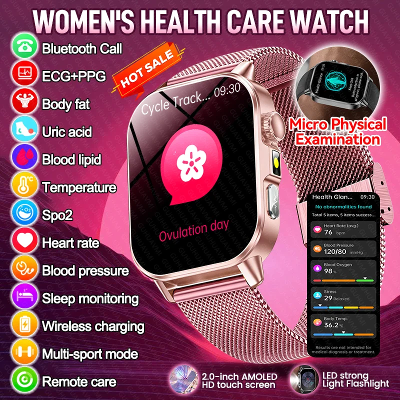 

2026 Original Women Health Accurate Diagnosis Smart Watch ECG+HRV BP Blood Oxygen Uric Acid Heart Rate Bluetooth Call Smartwatch