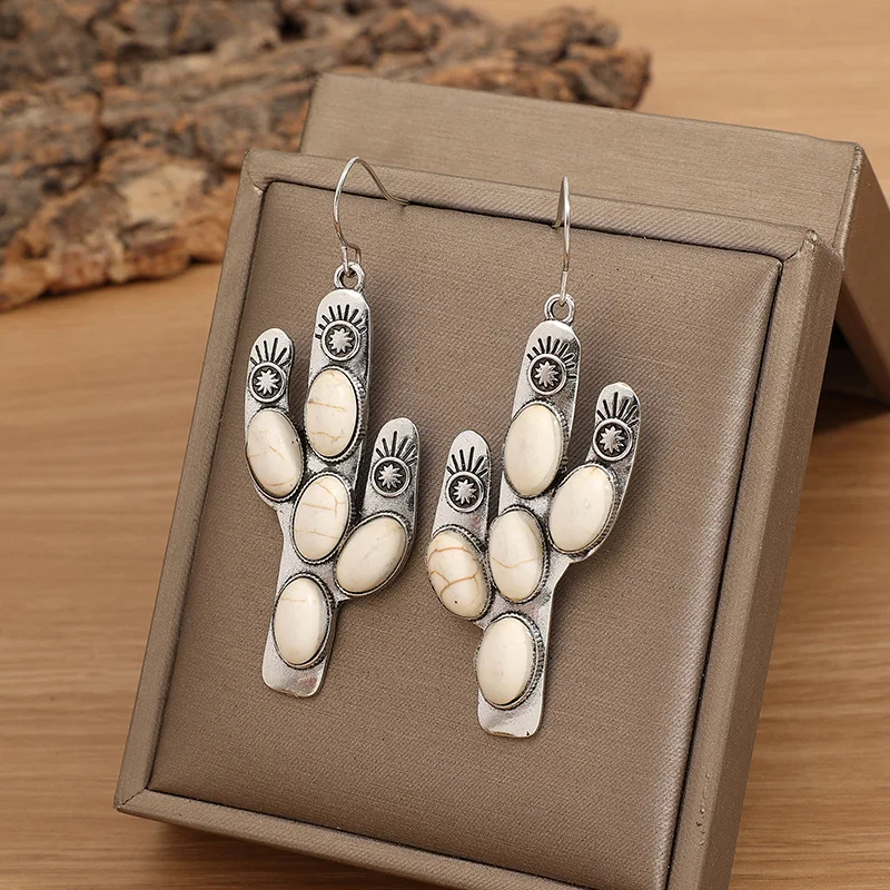 أقراط دائرية بنمط عرقية قديمة منقوشة على شكل صبار من الفيروز الأخضر المزيف، مجوهرات عصرية بنقش نباتي وزهري #2