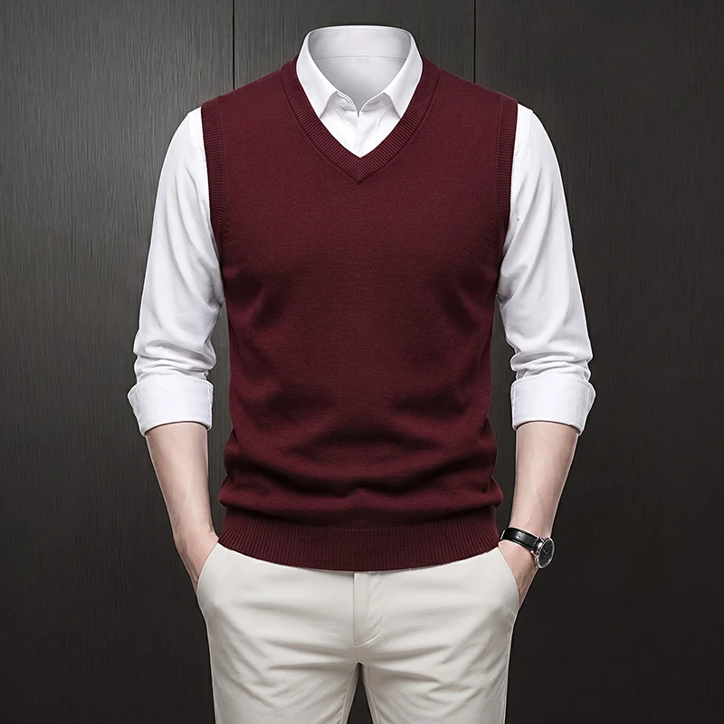 Herren V-Ausschnitt Einfarbige Strickweste Ärmellose Strickjacke Business Casual Slim Fit Pullover Tank Top Winter Warme Strickware – Detail 8