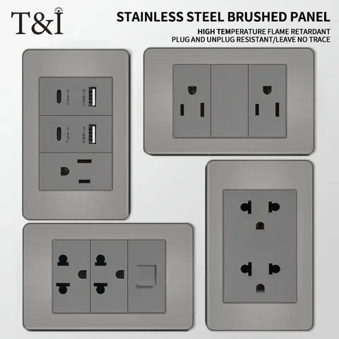 118*75mm Premium Stainless Steel Brushed US Wall Socket Thai USB Socket Plug with Dual USB Type-C Ports,Light Switch Grey panel