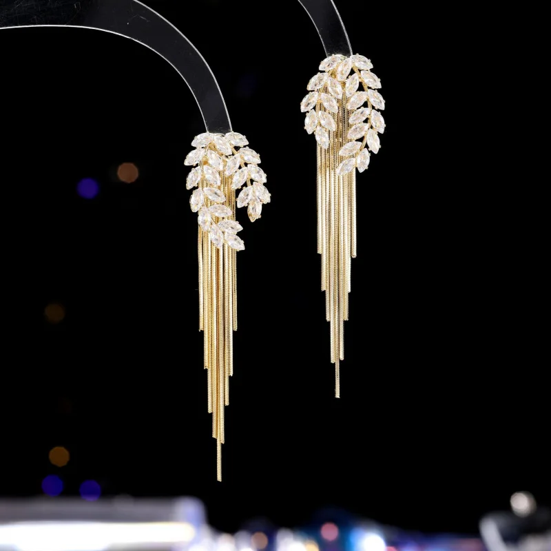 French Style Wheat Ear Earrings for Women, Long Tassel, Two-Way Wear, S925 Silver Needle, High-End Zircon, Fashionable Versatile