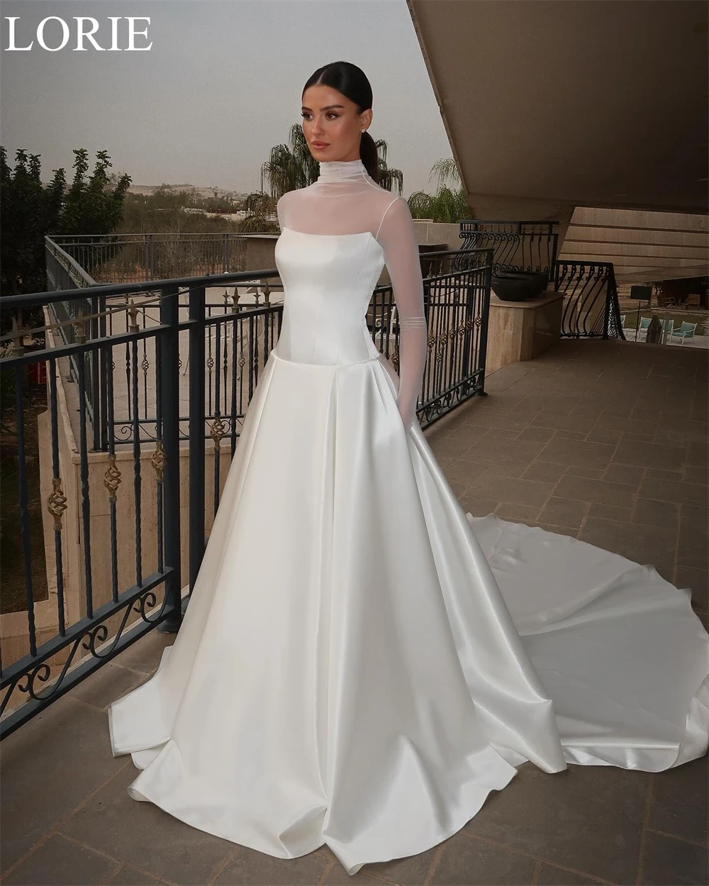 LORIE Elegant Satin Wedding Dresses A-Line High Neck Long Sleeves Pleated Bride Prom Gown 2025 Modest Bridal Gowns Customized