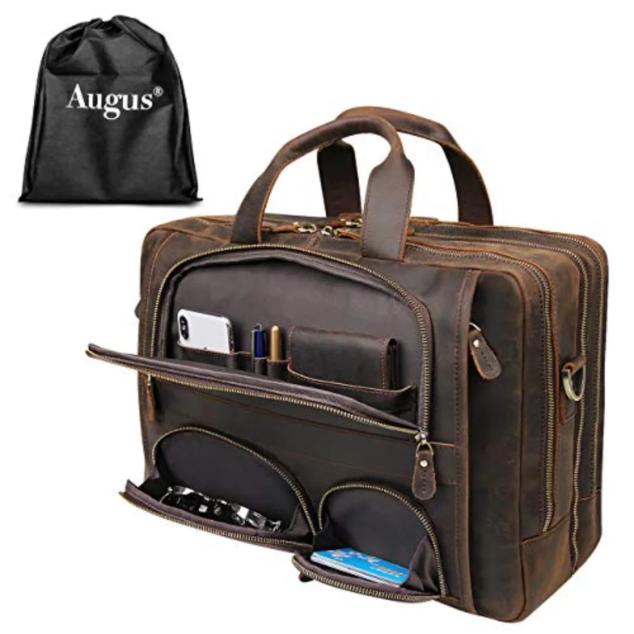 Augus Business Travel Briefcase Genuine Leather Duffel Bags for Men Laptop Bag fits 15.6 inches Laptop Black Premium Quality Du