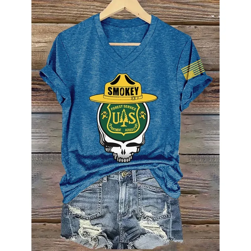 New Women's Retro Save The Forest Service Print Tees Summer V Neck Tops Short Sleeve Casual Resist T-Shirts