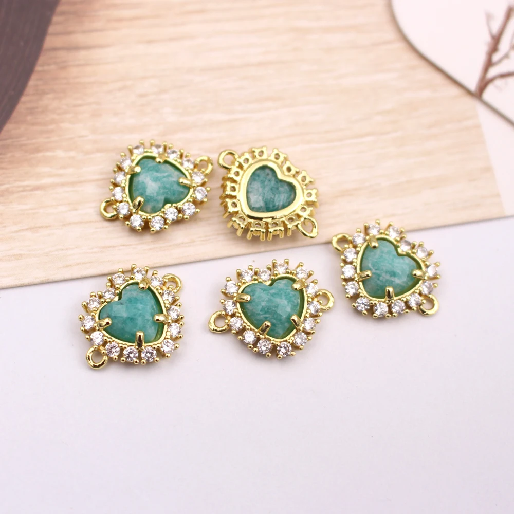 6pcs DIY Jewelry Accessories Faceted Heart Shape Natural Amazonite Quartz Stone CZ Pendant Linker Connectors for Necklace