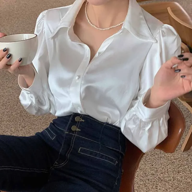 Korean Puff Sleeve Loose Satin Button Lapel Shirt  Elegant Women Shirt Tops White New Chic Women Blouse Blusas Mujer 12635