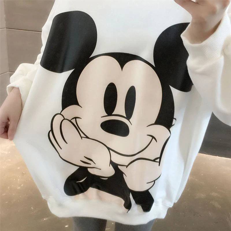 Disney 2023 Anime Big Mickey Mouse Print Loose Sweatshirt Autumn Winter Cartoon Velvet Pullover Top Plus Size