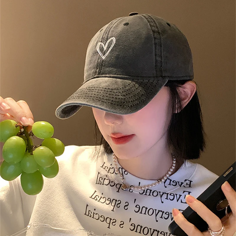 

Summer Women Baseball Cap Peach Heart Embroidered Wash Denim Soft Top Dad Hat Casual Korean Couple Retro Y2K Snapback Sun Hats