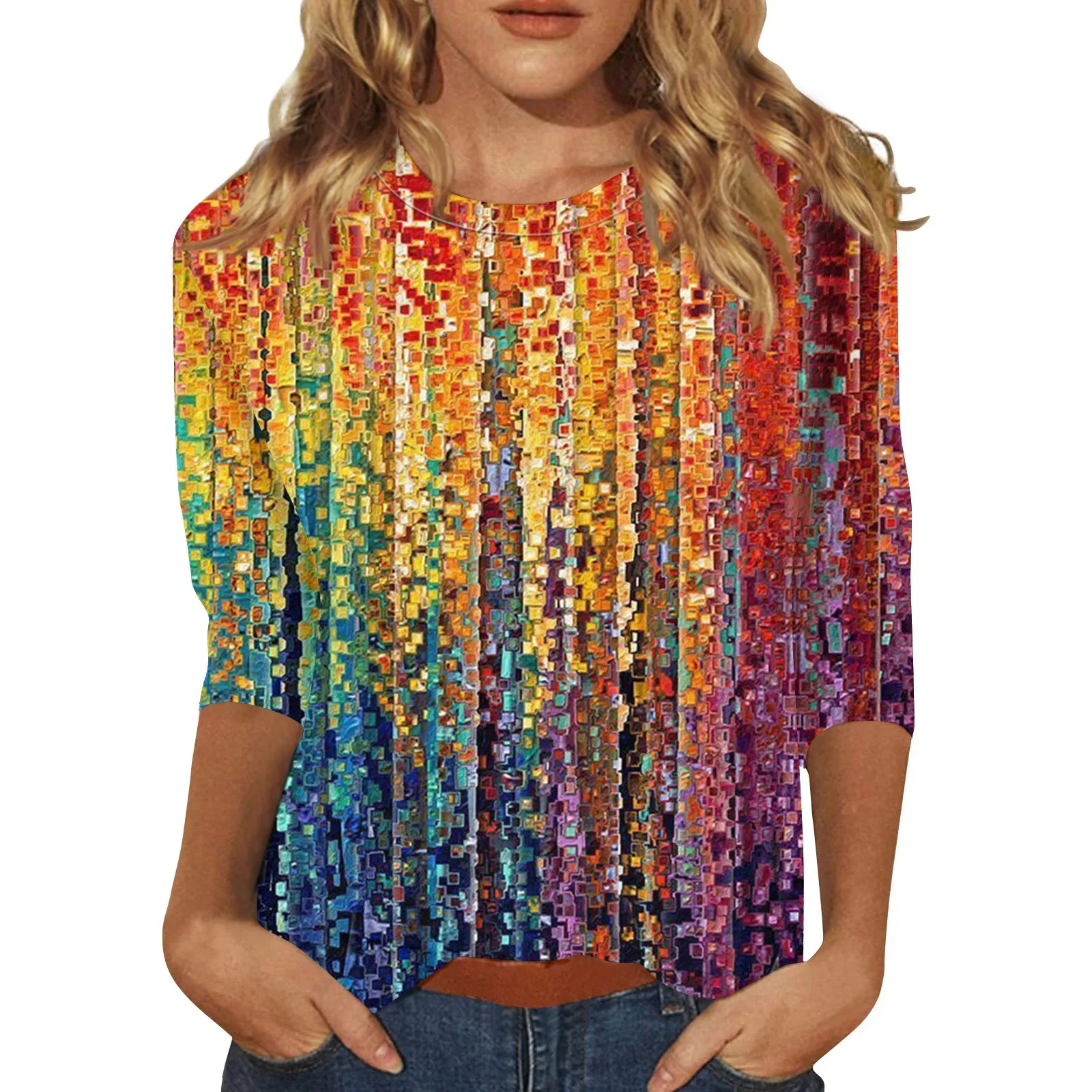 تي شيرت نسائي كاجوال برقبة مستديرة ، كم ، توب مطبوع فضفاض ، أزياء السيدات