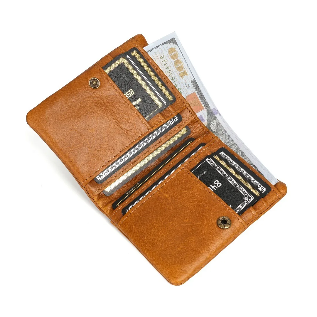 Real Leather Multi Slot Top Layer Cowhide Short  Slim Wallet, Crazy Horse Cowhide Multi Slot coin Wallet