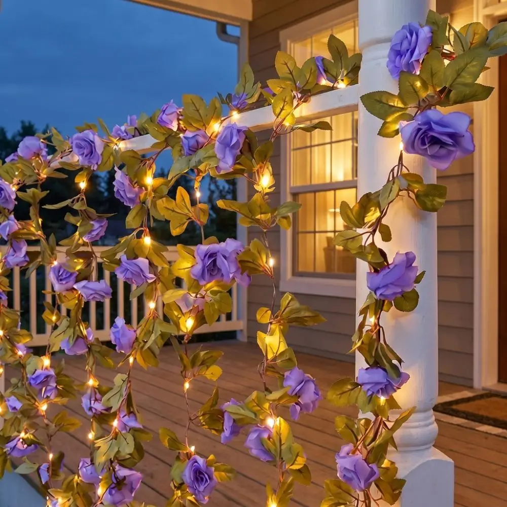 Blue Purple LED Vine Lights Waterproof Artificial Flower Rose String Lights Fairy Lights Vine Design Artificial Flower Lamp