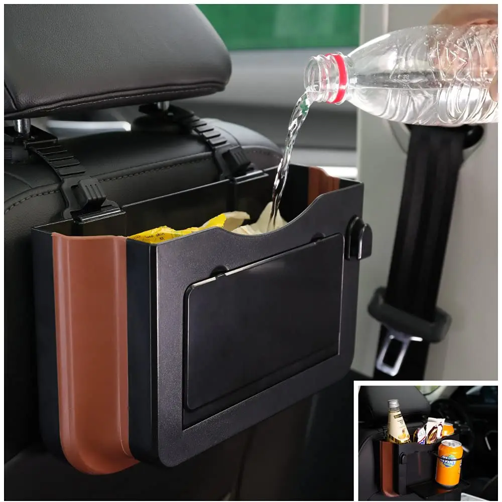 Hanging Car Trash Can, Portable Waterproof Garbage Bag with Clip and Cup Holder Tray Back Seat Car Organizer