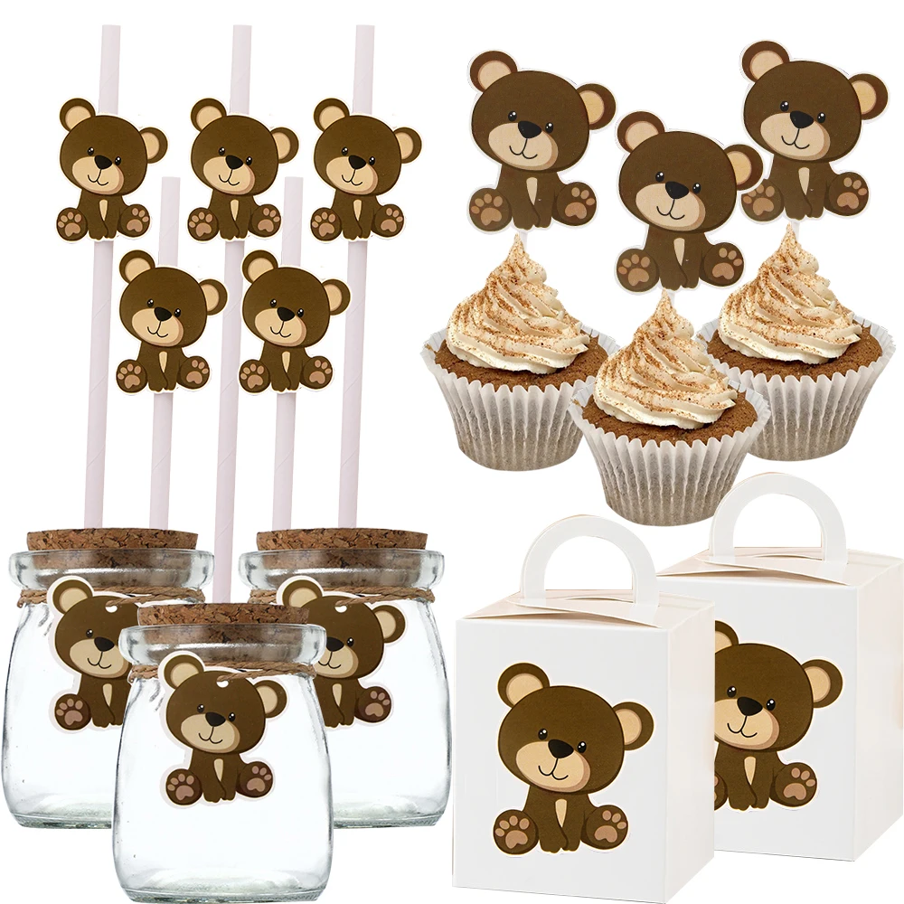 1set Cartoon Bear Series Cake Toppers Paper Tags/Straws for Kids Bear Birthday Baby Shower Party Cake Decor DIY Gifts Wrapping