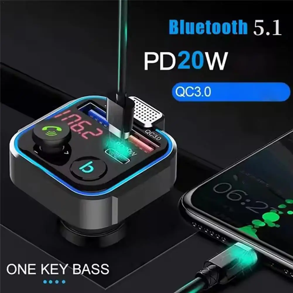 

Car Hands-free Bluetooth 5.0 FM Transmitter Car Kit MP3 Modulator Player Handsfree Audio Receiver QC3.0 18W 2 USB