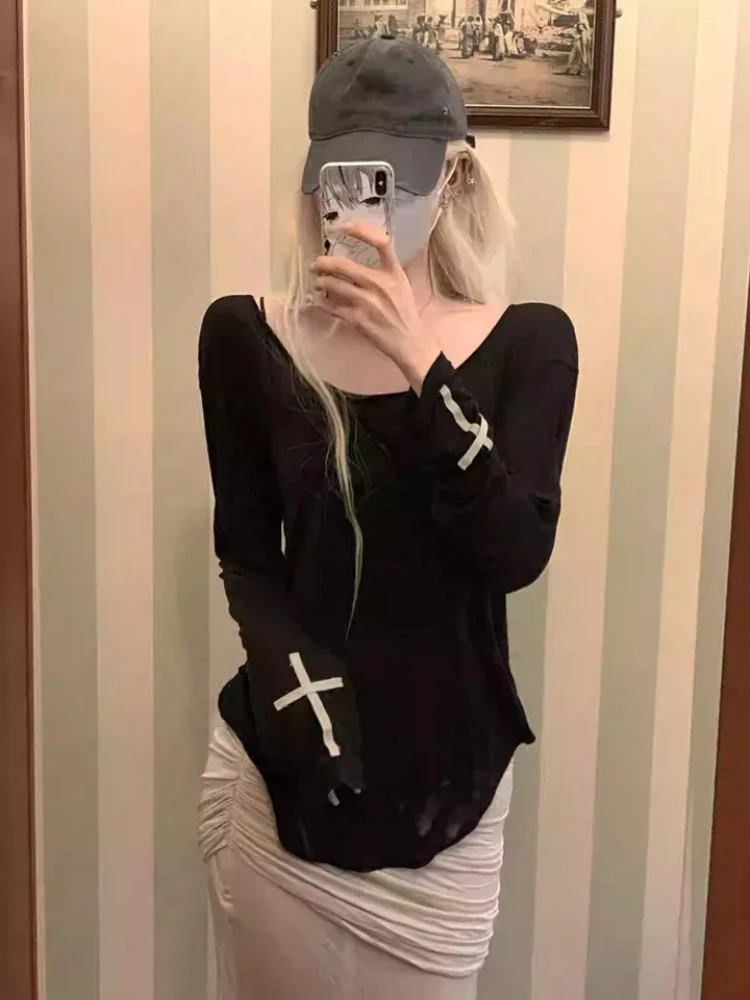 

Aesthetic Retro Y2K Street Fashion Casual Hip-hop Tops Fashionable Gothic Cross Print Punk Unique Slim Girl Long-sleeved T-shirt
