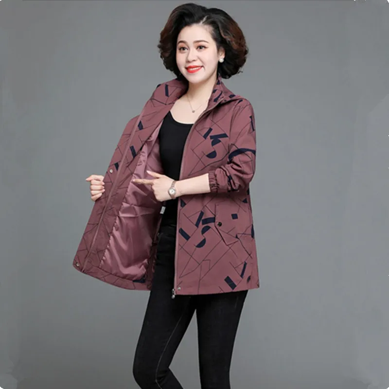 

Spring Autumn Women Windbreaker Fashion Print Hooded Casual Female Outerwear Thin Loose Trench Coat