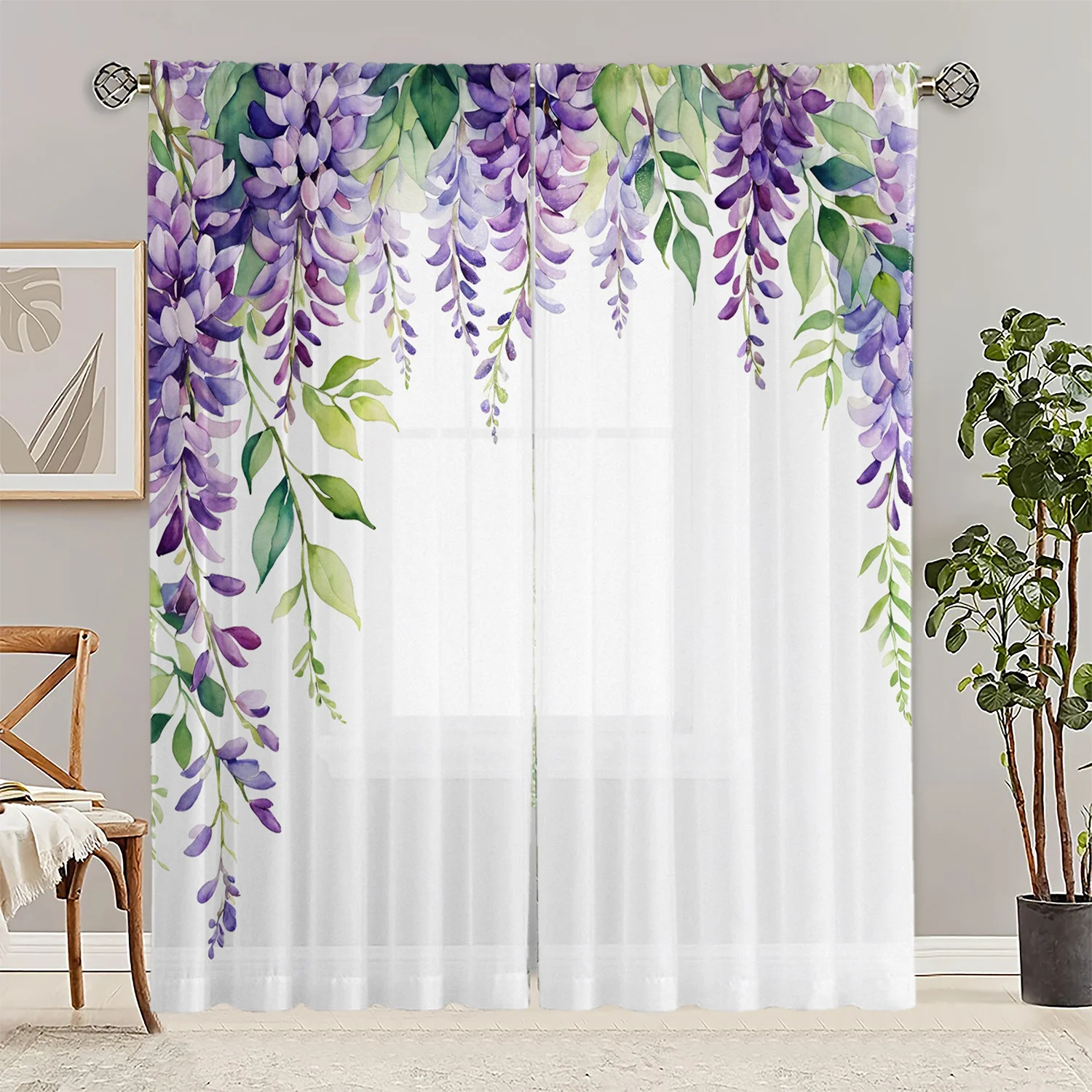 2PC Purple Wisteria Sheer Curtains – HD Print Polyester, Pocket Rod, Machine Washable for Living Room, Bedroom, Dining Room