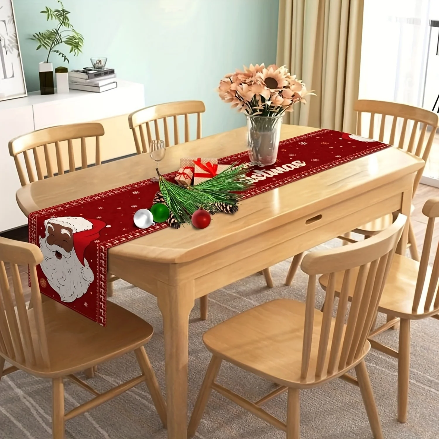 مفرش طاولة عيد ميلاد سعيد باللون الأسود سانتا كلوز - ديكور عطلة مستطيل من البوليستر، زينة عيد الميلاد #2