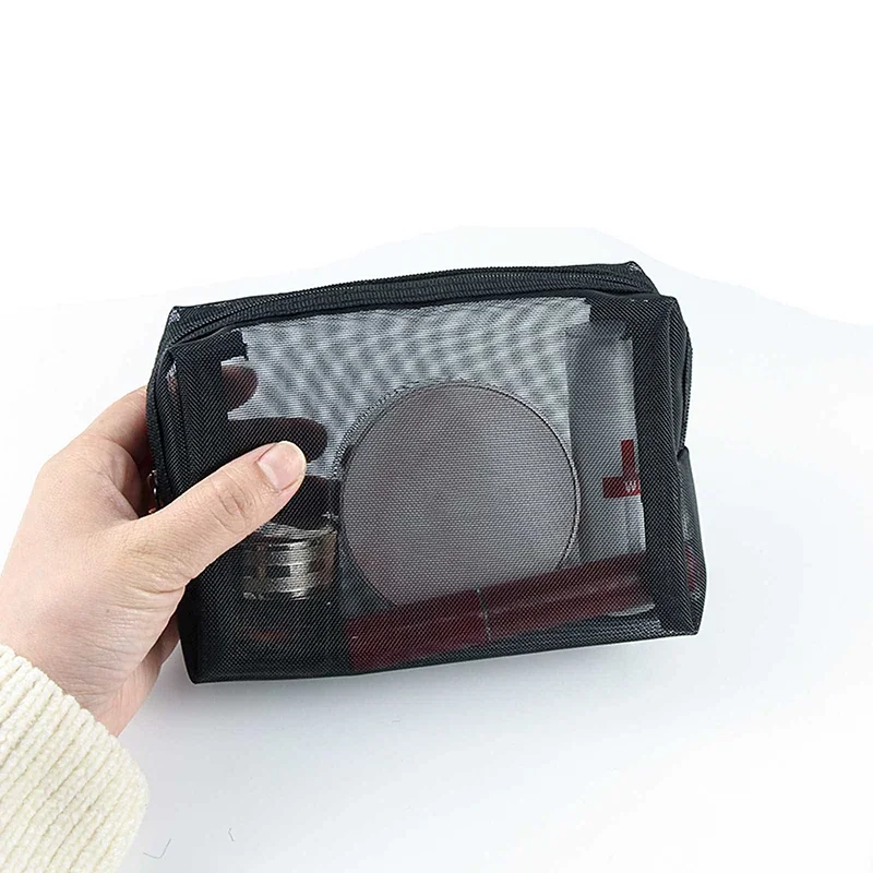 Mesh Cosmetic Bag Portable Travel Makeup Bag Black Breathable Mesh Zipper Bag Suitable for Home Office Travel Accessories Storag image 6