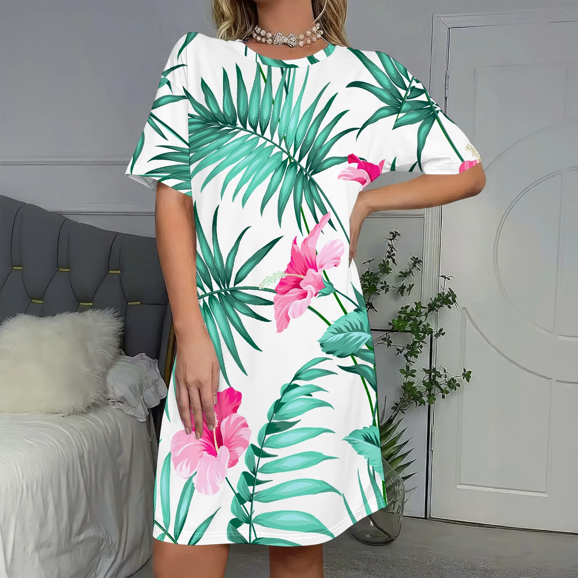 

Summer Dress, Short Sleeve Beach Wear, Pink Hibiscus Floral Pattern, Vacation Style Casual Outfit for Women