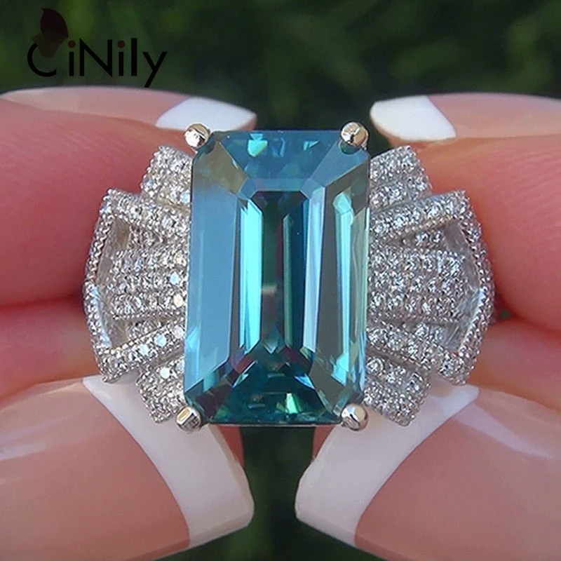 CiNily Aquamarine Ring For Women Light Blue Topaz Gemstone Delicate Ring Jewelry Art Geometric Design