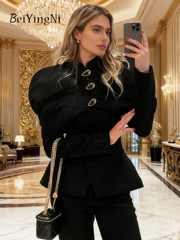 

Beiyingni Casual Elegant Women Coats Autumn Winter Commute Clothes Black Plain Buttons Female Jacket Vintage Fashion Slim Tops