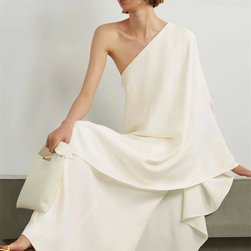 فستان Tossy أنيق من الساتان بياقة مدورة فستان نسائي عالي الخصر بكتف واحد مكشكش مرقع فستان أنيق للحفلات فستان صيفي نسائي جديد