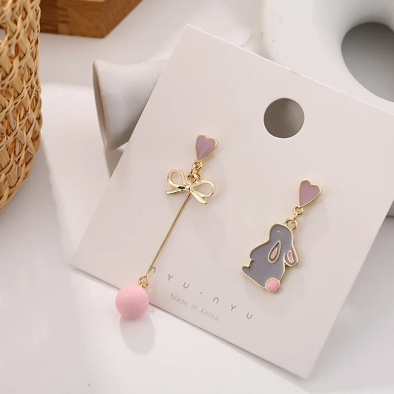Koreanischer Stil Blumen Niedliche Tier-Ohrhänger für Frauen Mond Sterne Kätzchen Hase Ballon Asymmetrische Ohrringe Party Schmuck Geschenk – Detail 5
