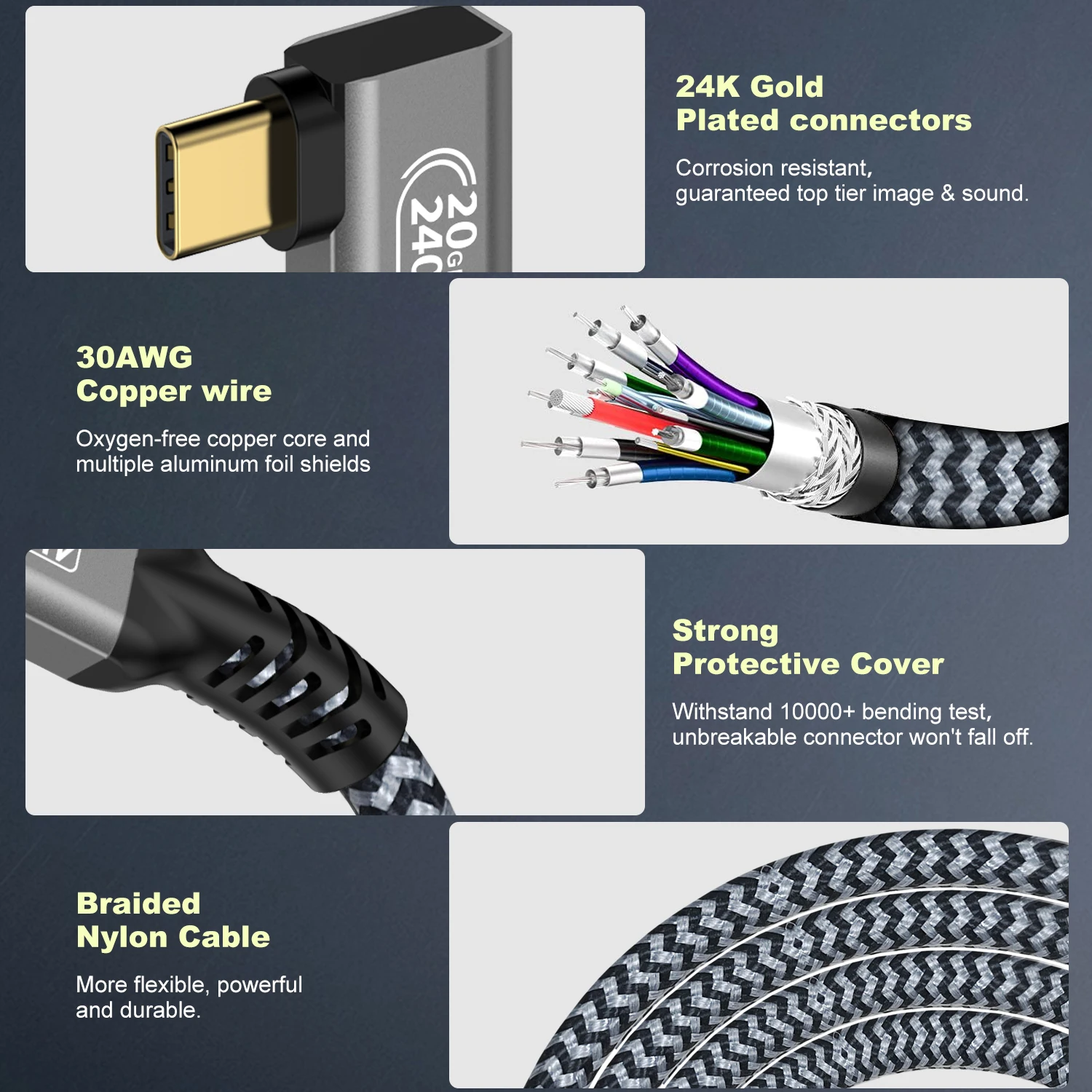 Thunderbolt 3 USB 3.2 Gen 2 تمديد USB C 20Gbps 240W شحن سريع 90 درجة ذكر إلى أنثى كابل 4K Vidio Type-C كابل