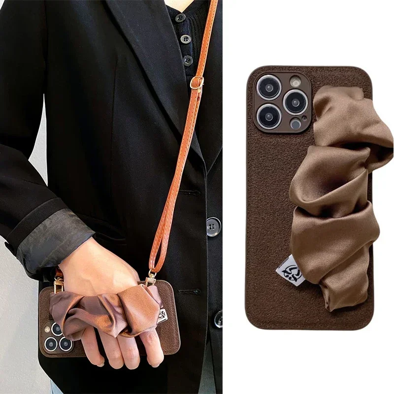 

Silk Crossbody Lanyard Case For iphone 16 15 14 13 12 11 Pro Max XR X Xs Max Leather Pattern Neck Wrist Strap Phone Cover