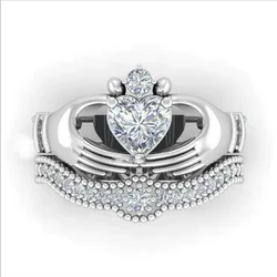 Lovers Heart Claddagh Ring Set AAAAA Zircon 10KT White Gold Wedding Rings for Women Bridal Jewelry