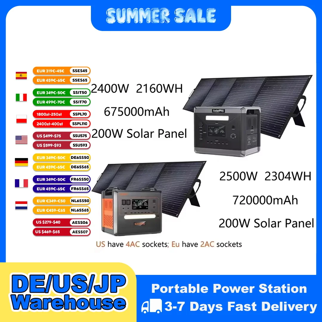

Solar Generator 2160WH 2304WH Long-life LiFePO4 Portable Power Station & 200W Solar Panel for Home Campervan Up to 2400W Output