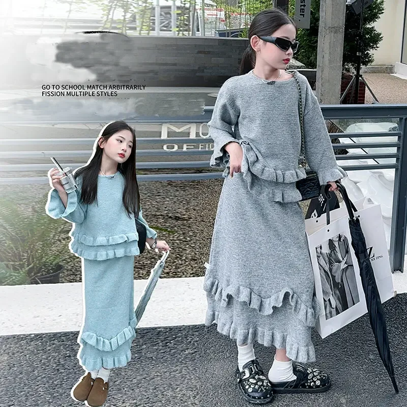 

autumn winter teen girls Knitted Set Lotus leaf hem round neck sweater+fishtail long skirt 2pcs junior kids suit child outfits