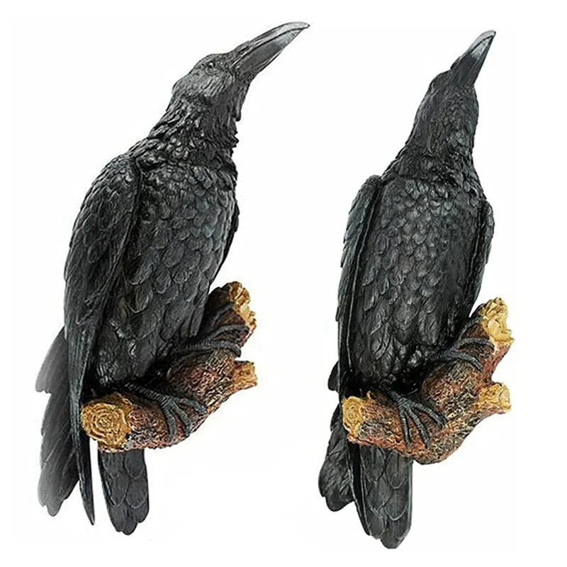 2PCS Raven Resin Statue Bird Crow Sculpture Outdoor Crows Halloweens Decor for Garden Courtyard Animal DecorationT99C