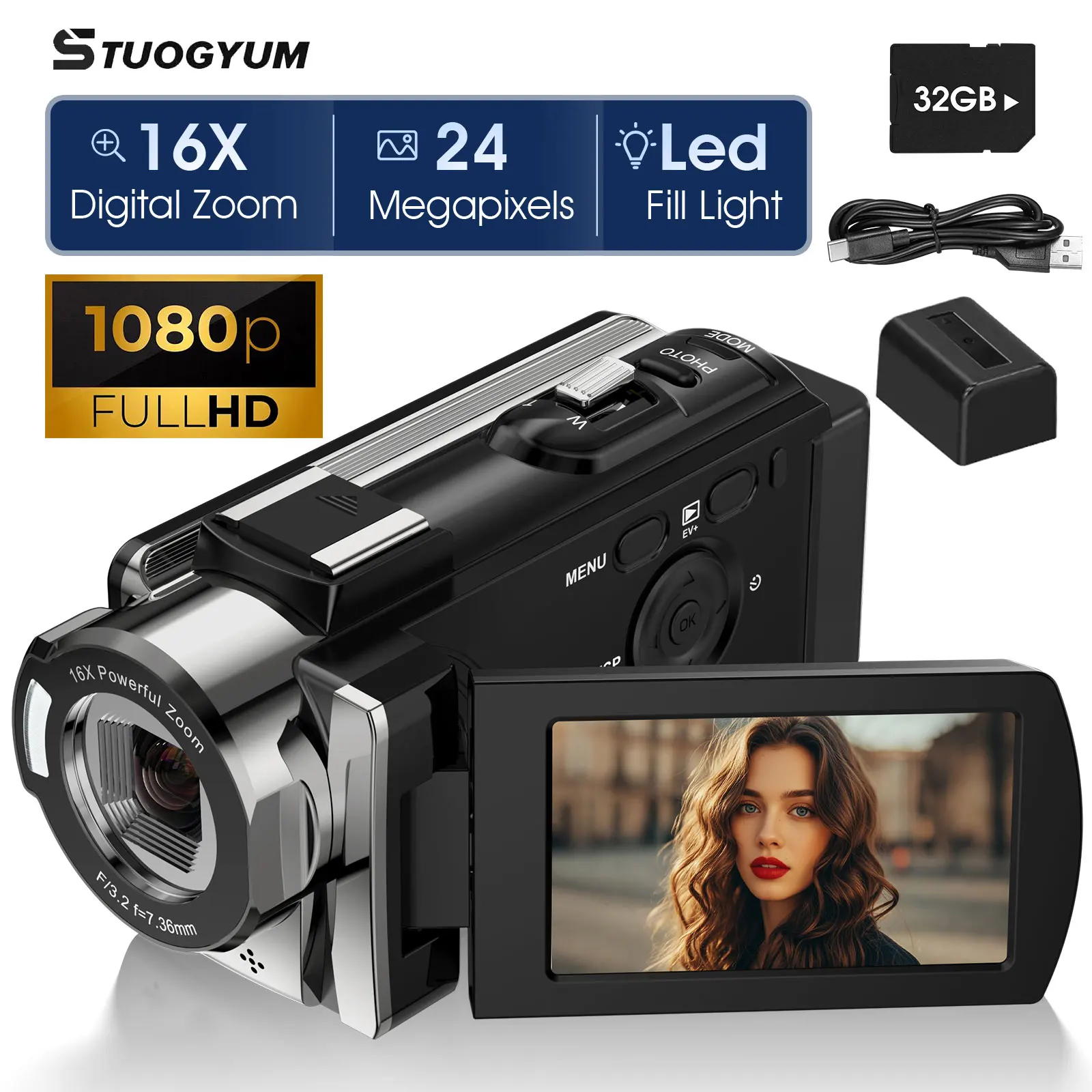 

8 шт. портативный цифровой рекордер DV 1080P камера 16-кратный зум откидной экран компактный дизайн для видеоблогов 1000 мАч 32G карта для начинающих