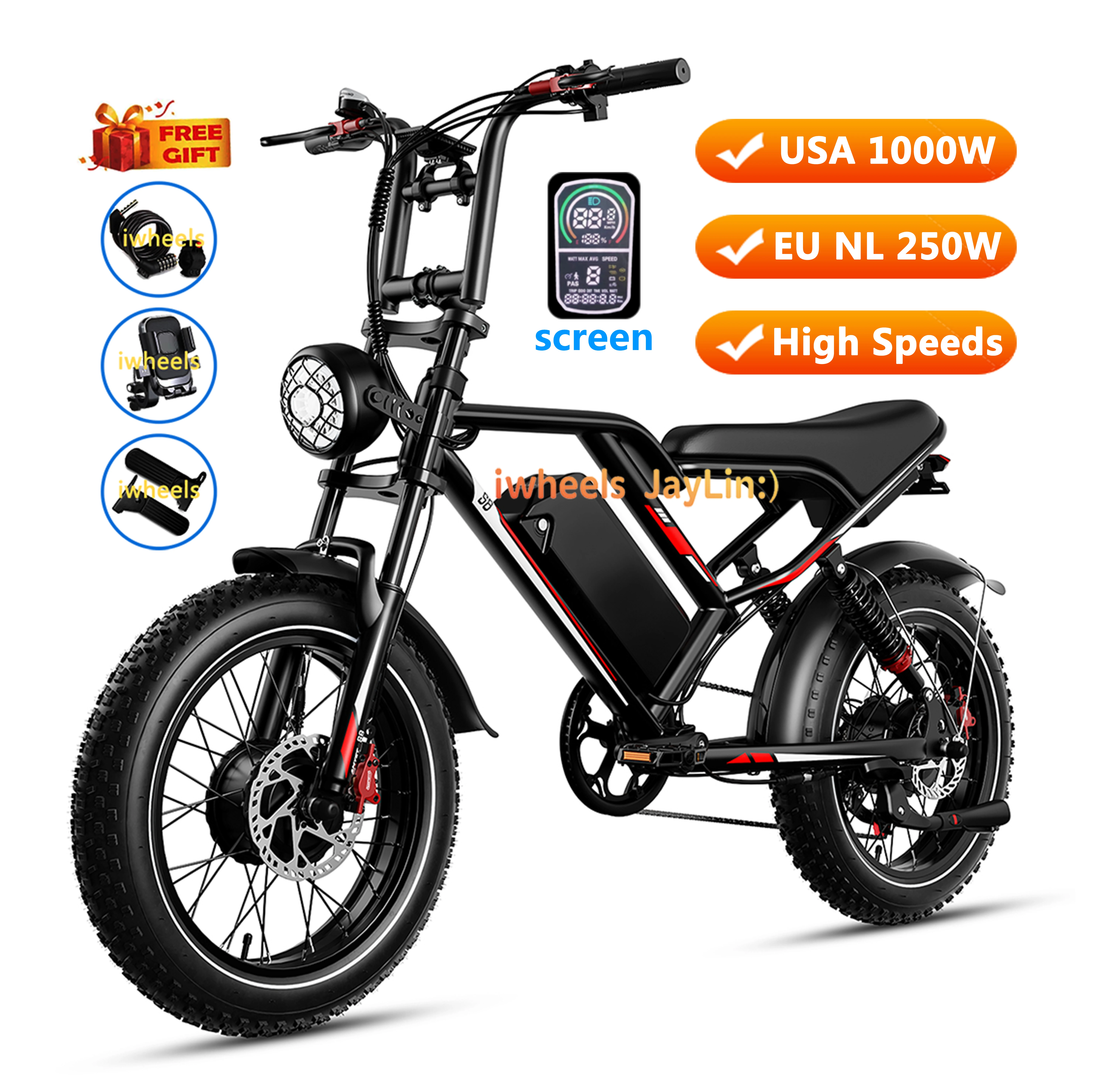 

Электрический горный велосипед S8 20 дюймов, 48В, 1000 Вт, V8 Fat, 250 Вт, V20