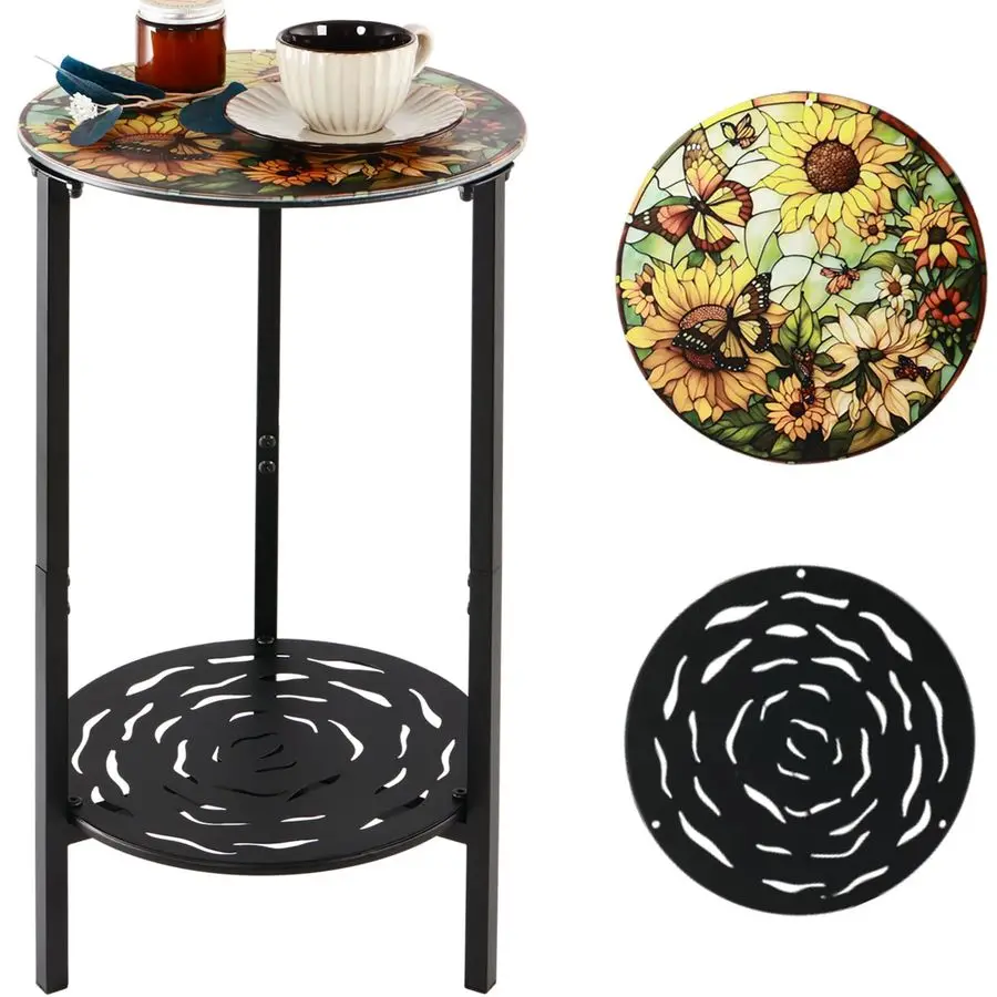

Metal Round Side Table Black Accent Coffee Tables Small Space Corner Plant Stand Shelf for Indoor Outdoor Use Patio Balcony End