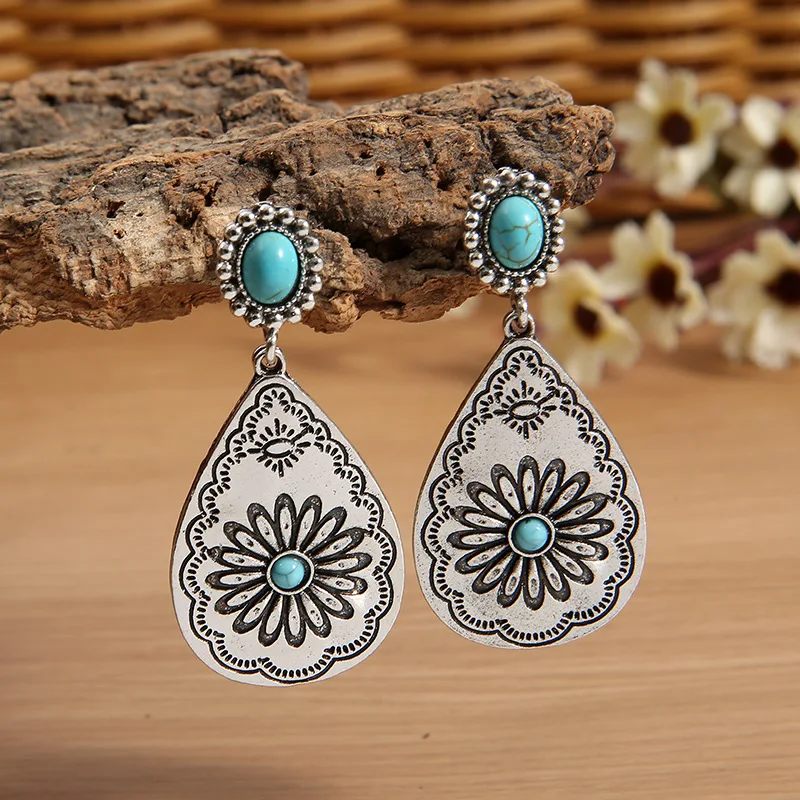Accessories, vintage turquoise engraved water drop earrings, water drop sunflower turquoise engraved