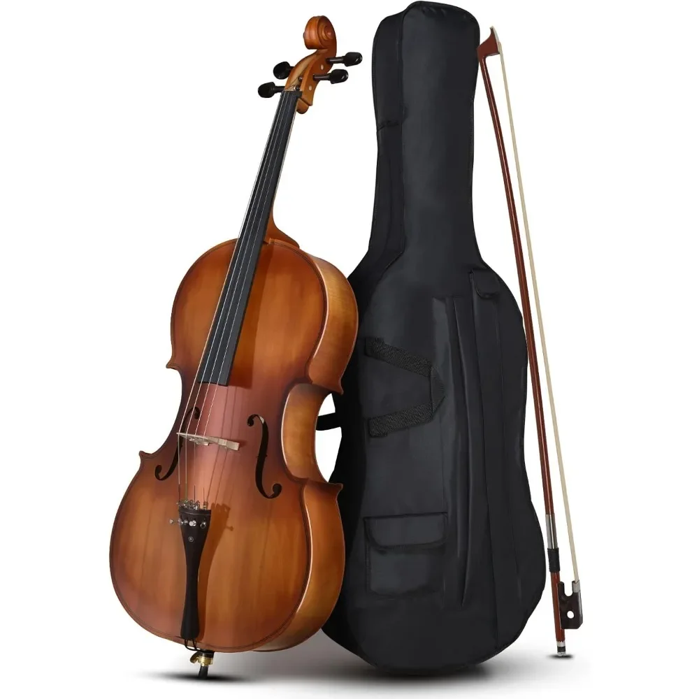 Ebony Fitted Acoustic Cello, 7mm Padding Case, Extra String, Bridge, Bow and Rosin, Full Size Cello