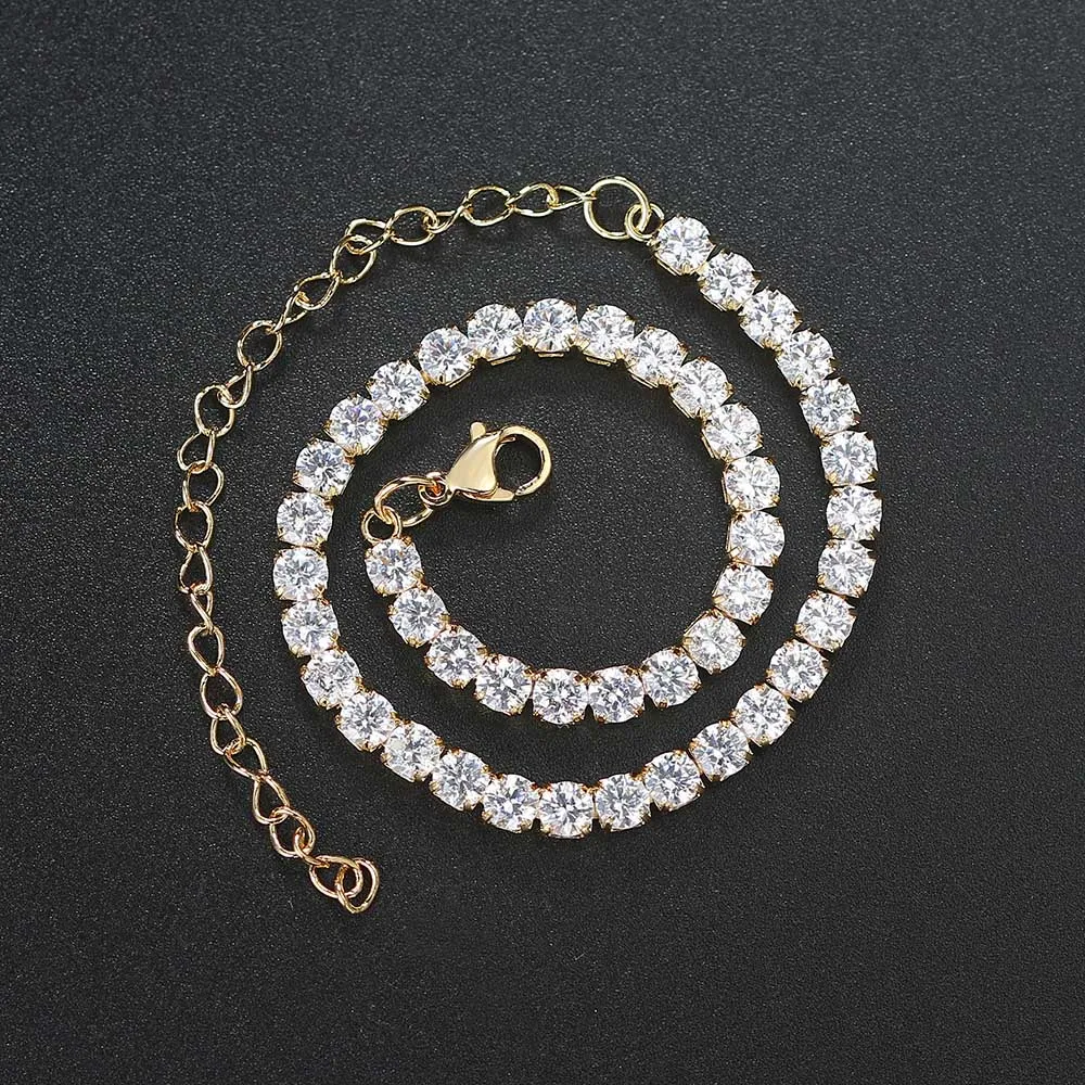 Iced Out Zircon Tennis Bracelet Anklet Chain For Women Dazzling 4mm Cubic Zirconia Silver Color Trend 2024 Foot Jewelry OHA001