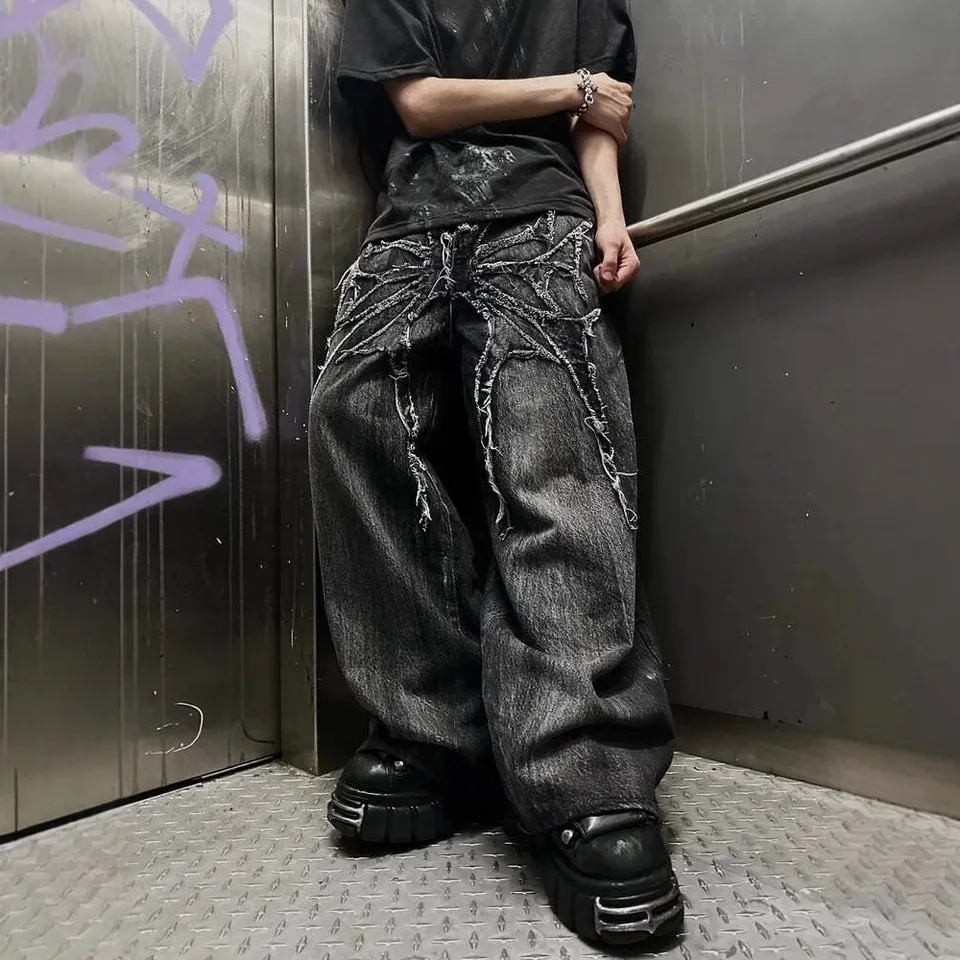 ダークグレー ワイドレッグ デニムパンツ 裾スリット y2k ストリート 