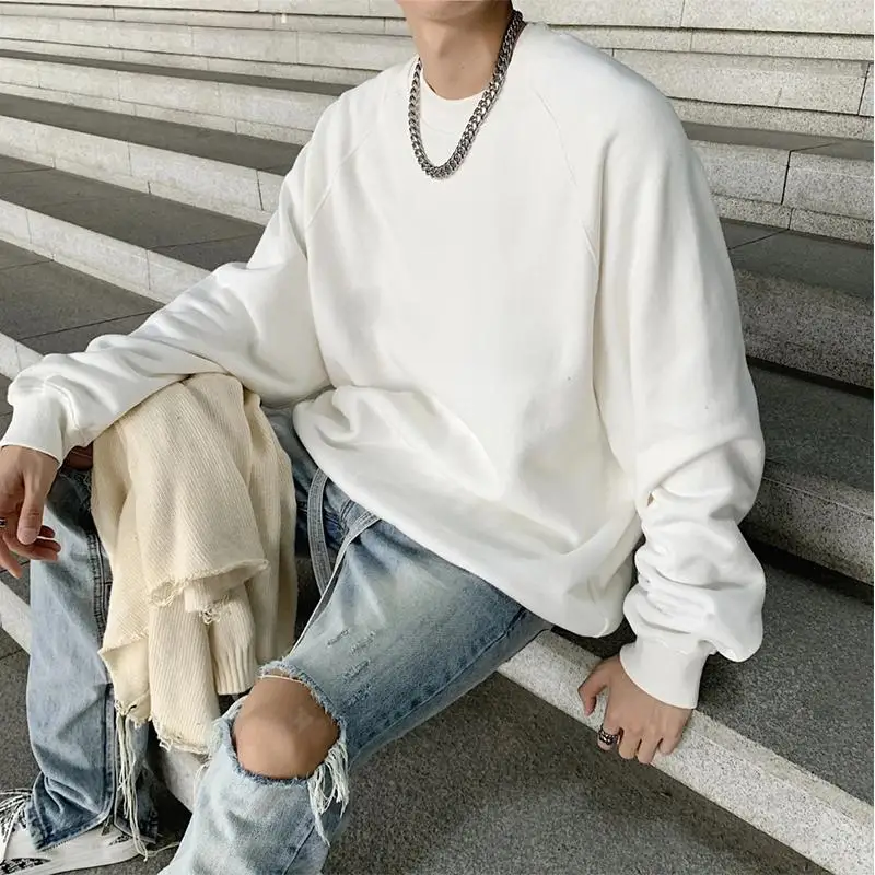 600g American Men's Oversized Winter Sweatshirt 100% Cotton Beige Batwing Sleeve Heavyweight Fleece Crew Neck Thermal Hoodies