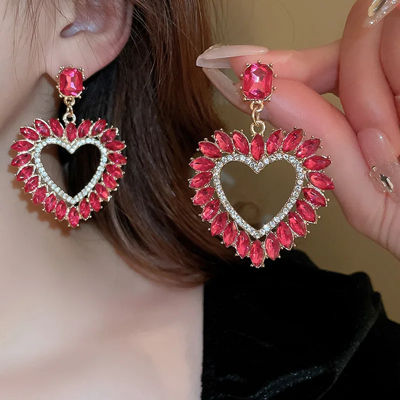 Plum Red Series Long Dangle Drop Earrings for Women 2023 Trend Luxury Geometric Heart Crystal Earrings Statement Party Jewelry