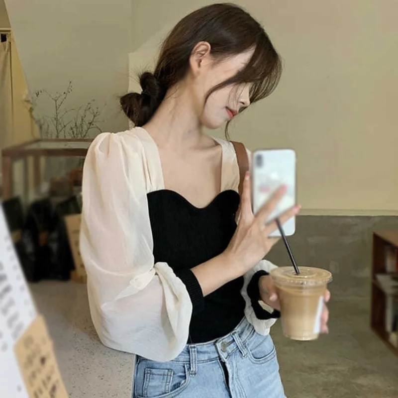 Spring Autumn T Shirt for Women Square Neck Puff Sleeves Long Sleeves Blouse Chic Casual Tops