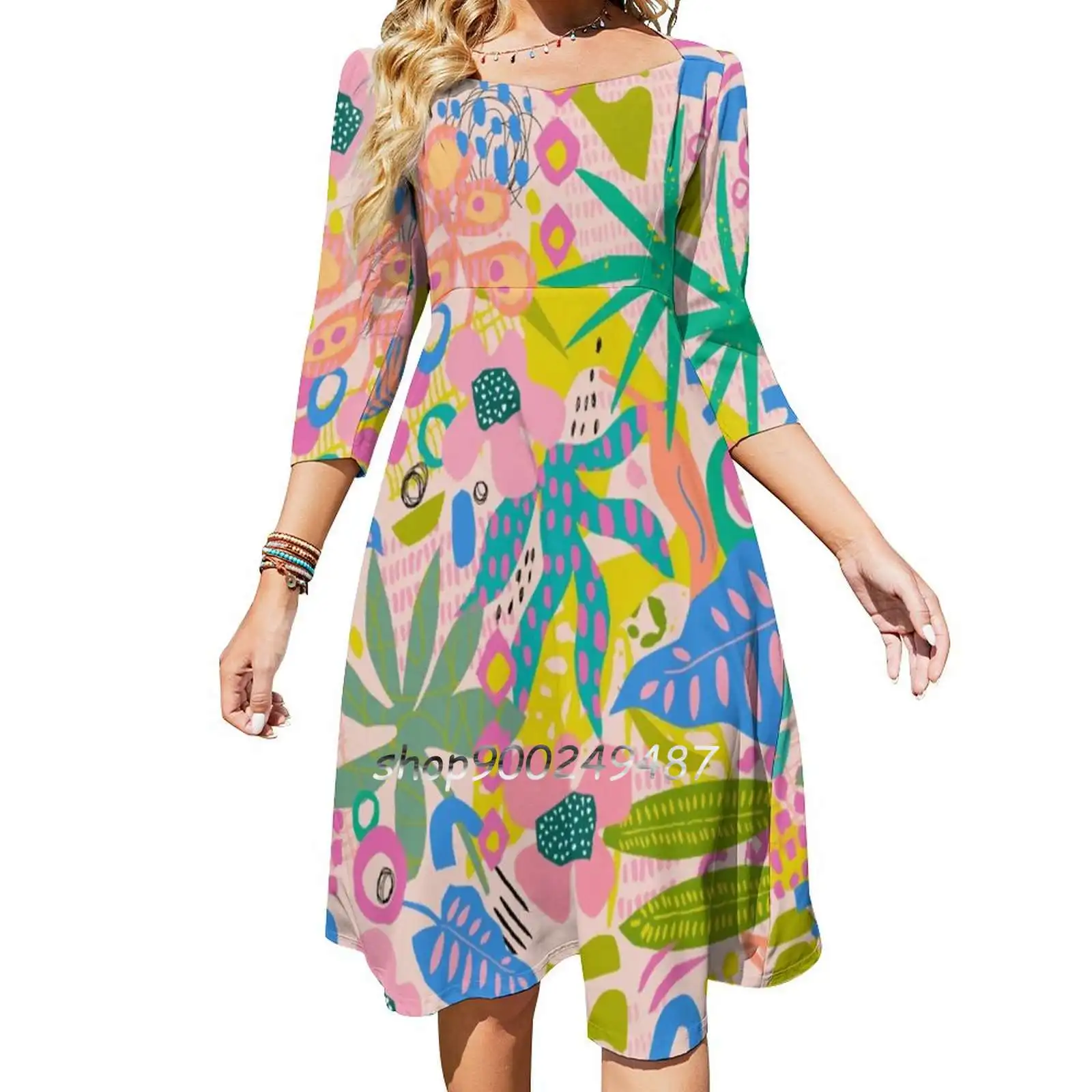 Summer Funk Square Neck Dress Cute Loose Print Dresses Elegant Beach Party Dress Color Palms Pattern Pink Summer Bright Tropical