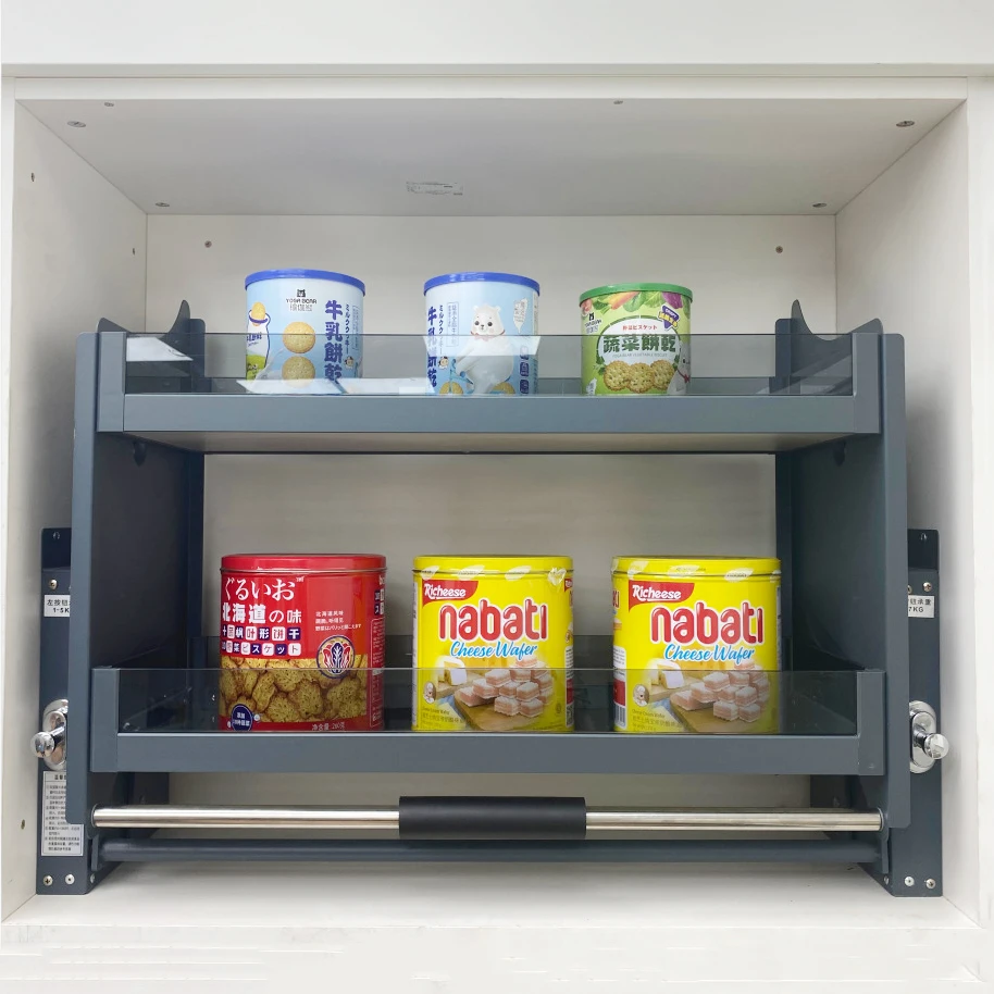 نظام رفع مصعد خزانة المطبخ، رف قابل للسحب، منظم جداري، زجاج قابل للتعديل، سلة سحب ناعمة مفتوحة وناعمة #4