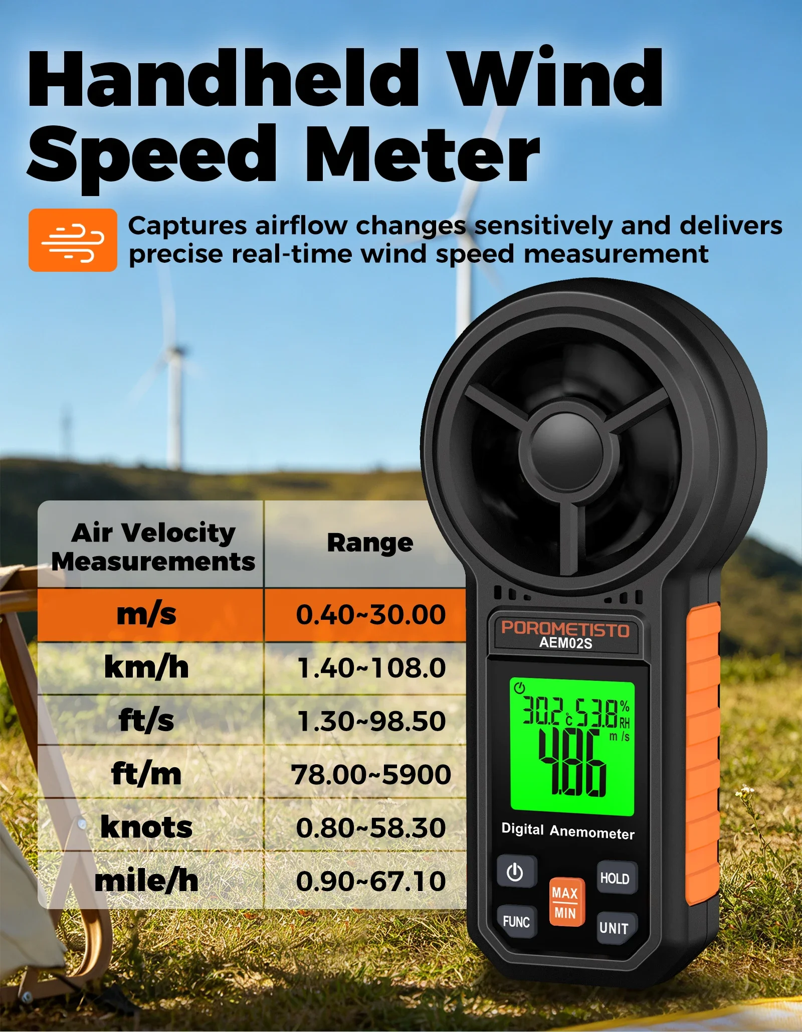 Digitales Anemometer 0,4~30,00 m/s Handgehaltenes Windgeschwindigkeitsmessgerät Luftgeschwindigkeit Luftstromrate mit LCD-Hintergrundbeleuchtung CFM CMM CMS Messwerkzeug – Detail 3