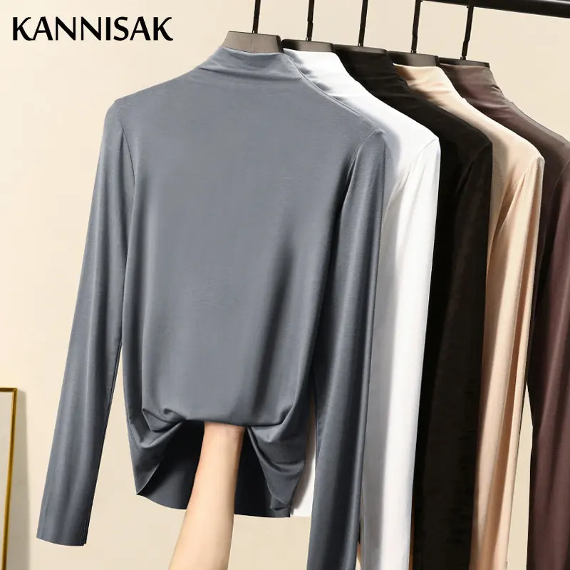 T-shirty damskie Casual Modal 2022 wiosna jesień ciepłe bluzki Slim Stretch miękka długa koszula koreański moda bielizna Soft Tshirt
