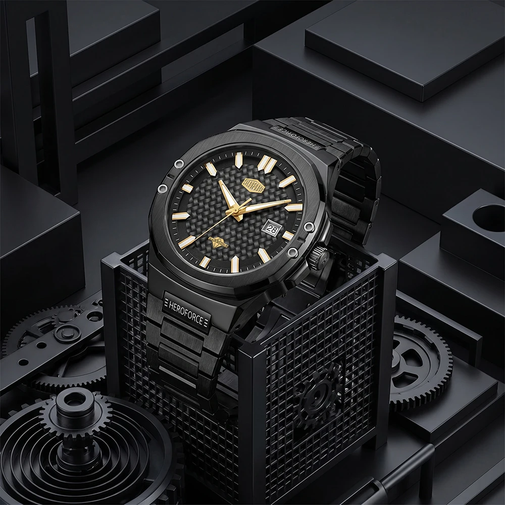HEROFORCE Classic Black Men's Quartz Watch, High Quality Watches for Men, Vertical Corrugated Dial, Stainless Steel Band with Date Display, Reloj Para Hombre
